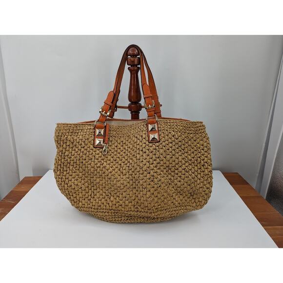 Michael Kors Santorini Large Straw Basket Tote Beach Bag Orange Leather Trim - Picture 2 of 10